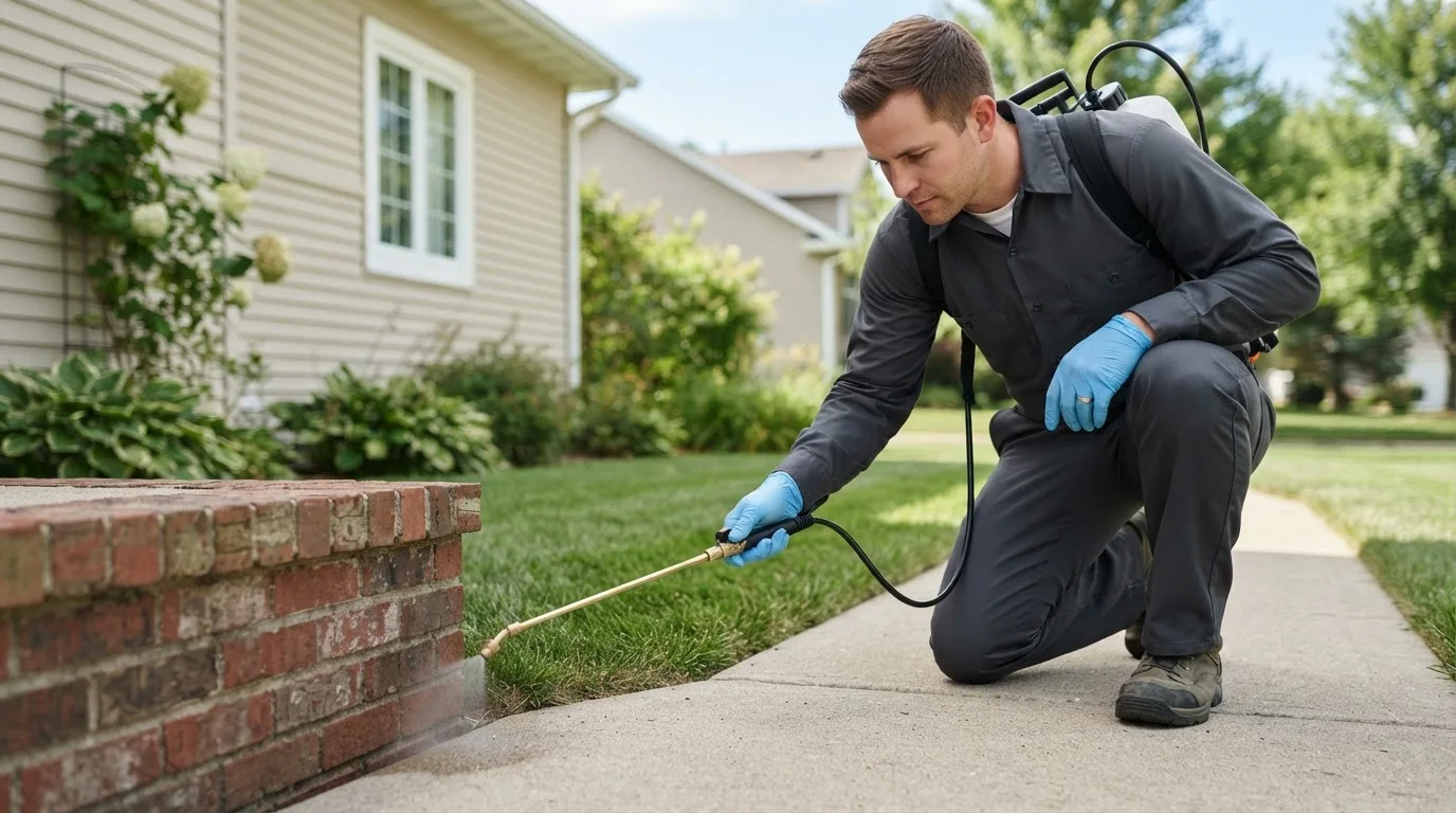 Pest control technician treating a home near Buckfield, ME