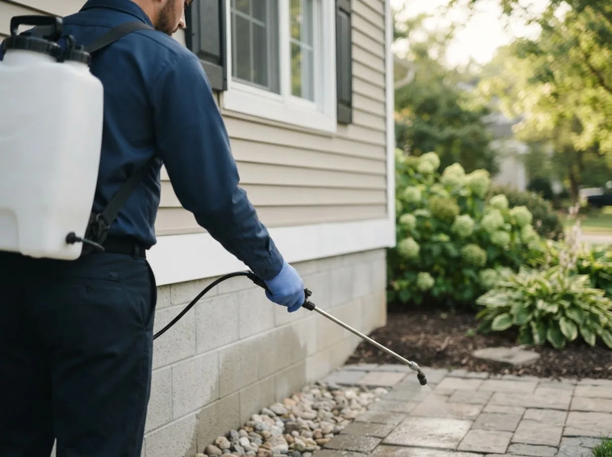 Pest control technician inspecting a home in Buckfield, ME